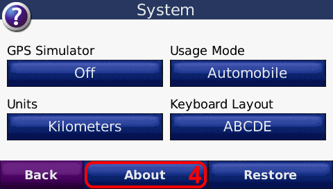 Getting Unit ID on Garmin® nüvi 710, Step 4: Tap About